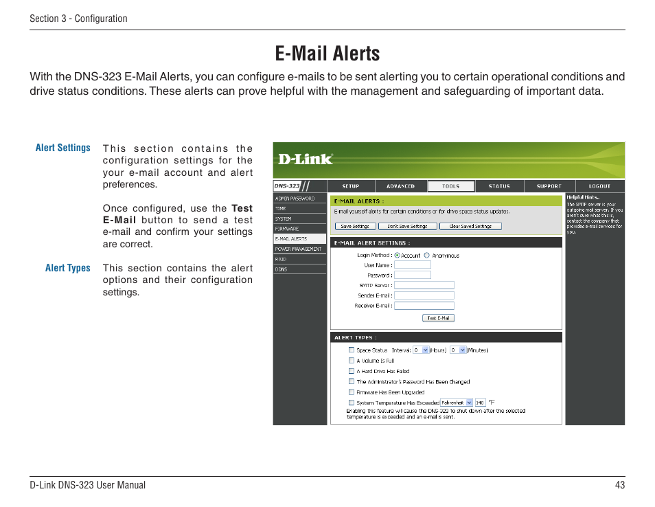 E-mail alerts | D-Link DNS-33 User Manual | Page 43 / 85