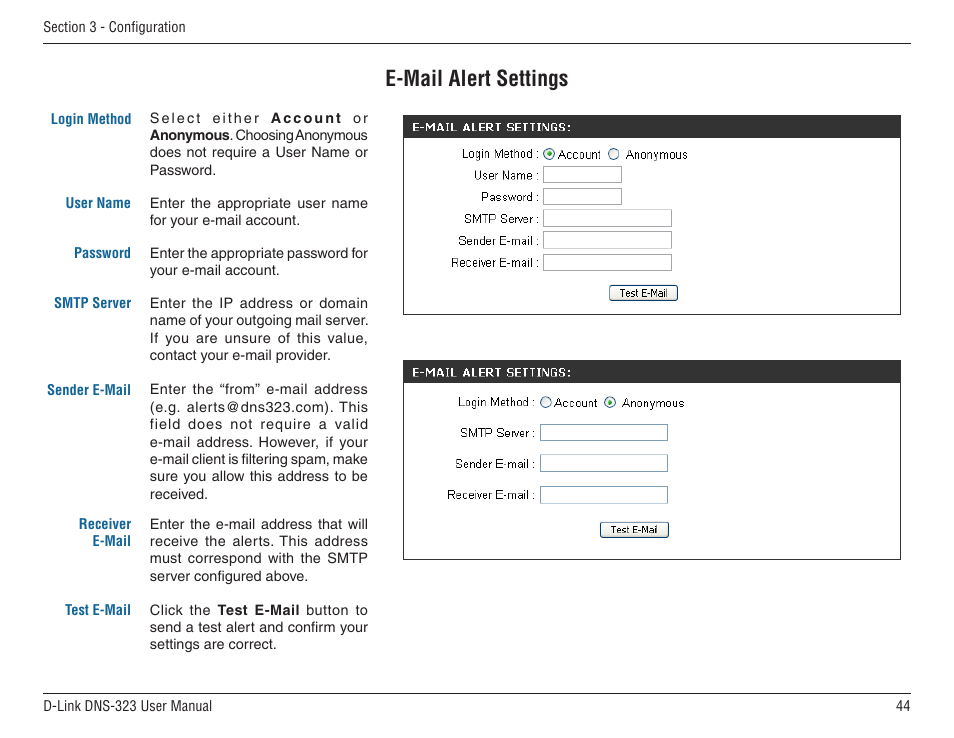 E-mail alert settings | D-Link DNS-33 User Manual | Page 44 / 85