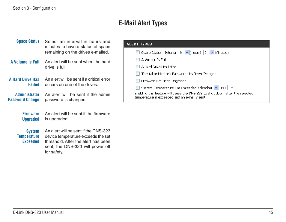 E-mail alert types | D-Link DNS-33 User Manual | Page 45 / 85