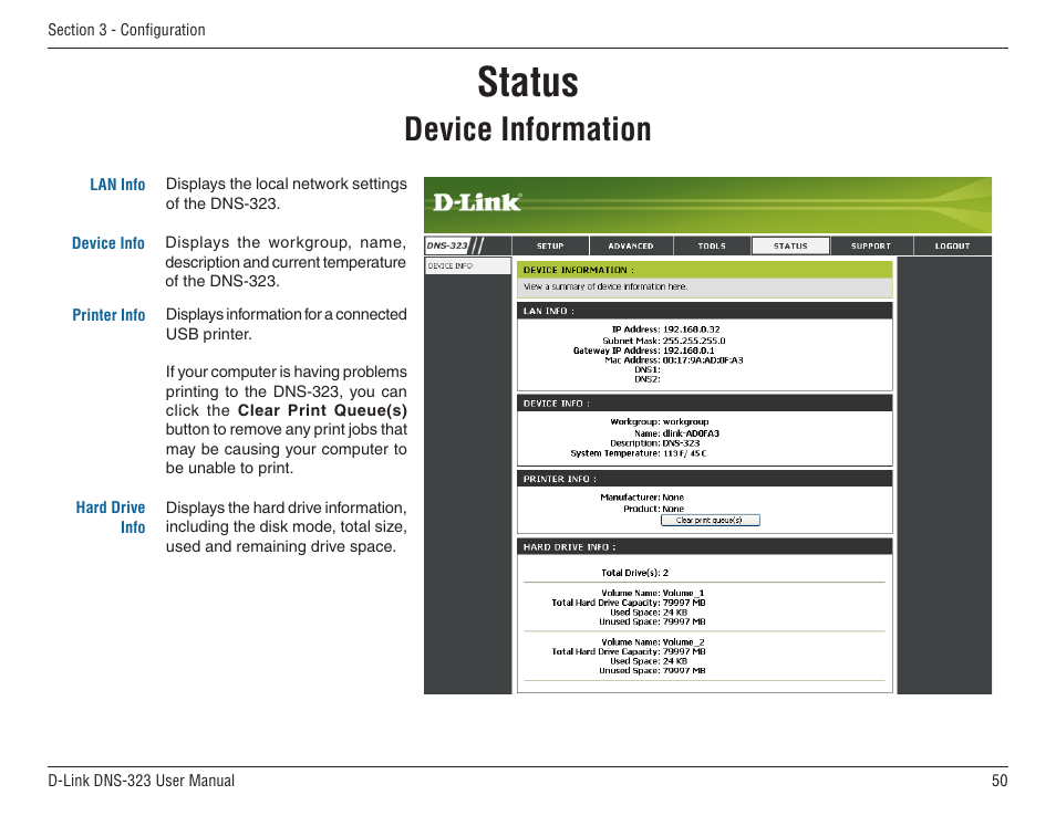 Status, Device information | D-Link DNS-33 User Manual | Page 50 / 85