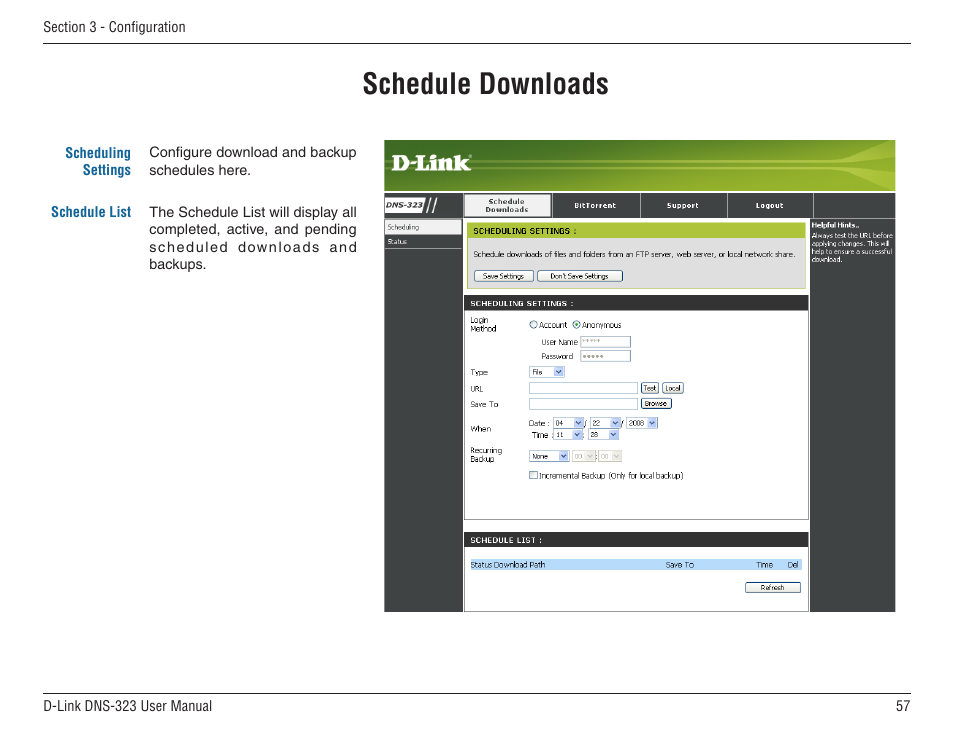 Schedule downloads | D-Link DNS-33 User Manual | Page 57 / 85