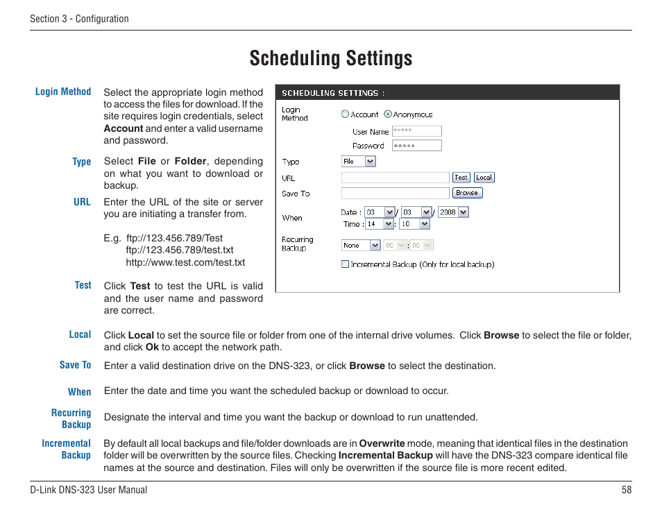 Scheduling settings | D-Link DNS-33 User Manual | Page 58 / 85