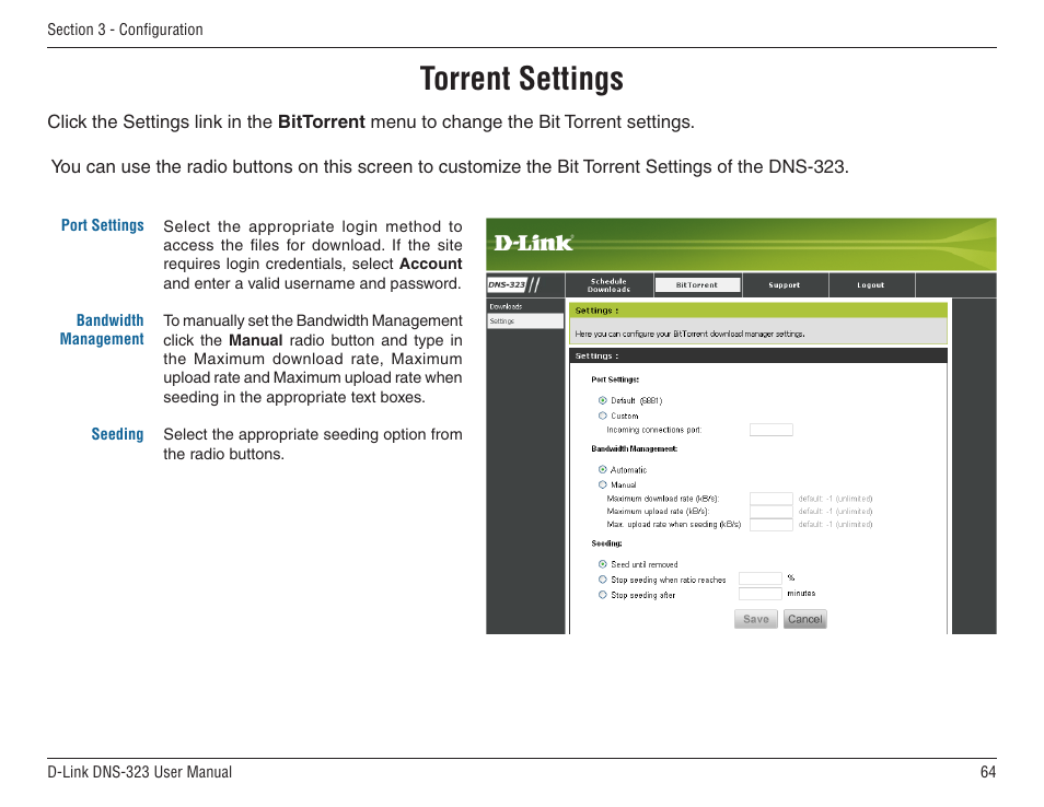 Torrent settings | D-Link DNS-33 User Manual | Page 64 / 85