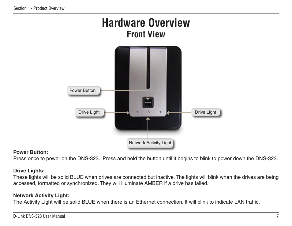 Hardware overview, Front view | D-Link DNS-33 User Manual | Page 7 / 85