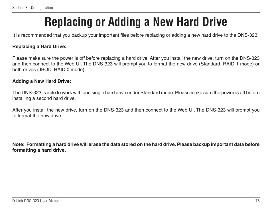 Replacing or adding a new hard drive | D-Link DNS-33 User Manual | Page 76 / 85