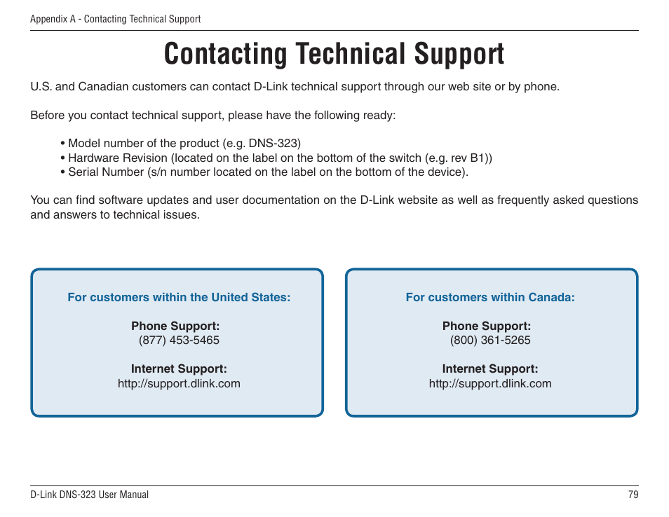Contacting technical support | D-Link DNS-33 User Manual | Page 79 / 85