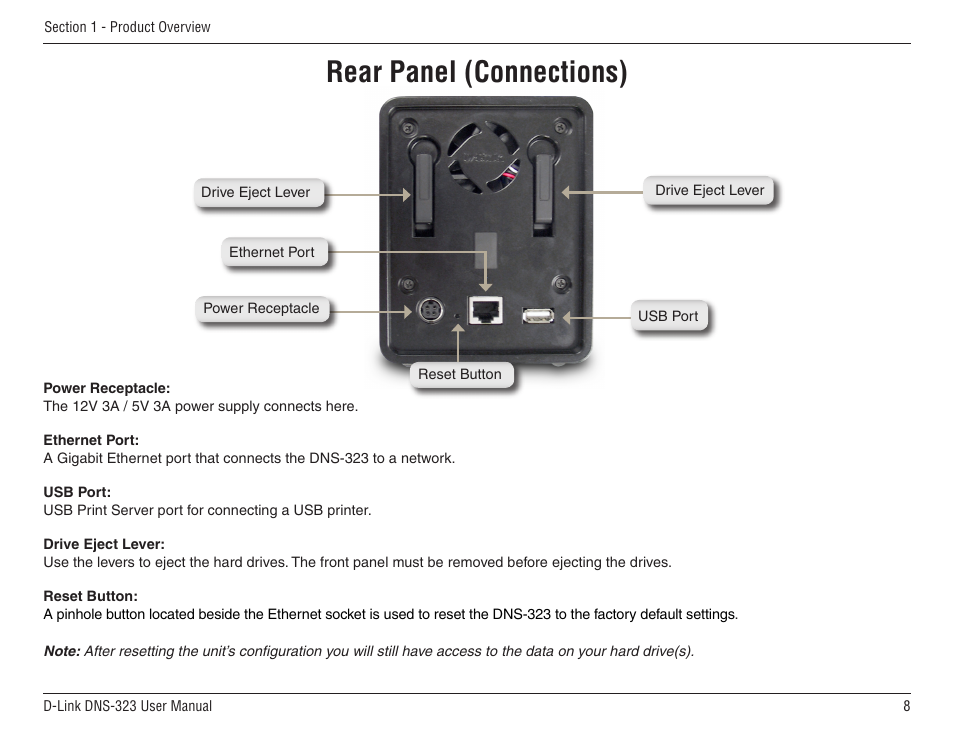 Rear panel (connections) | D-Link DNS-33 User Manual | Page 8 / 85