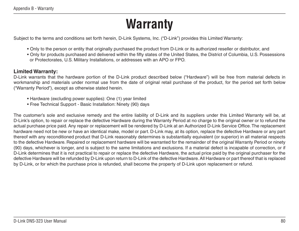 Warranty | D-Link DNS-33 User Manual | Page 80 / 85