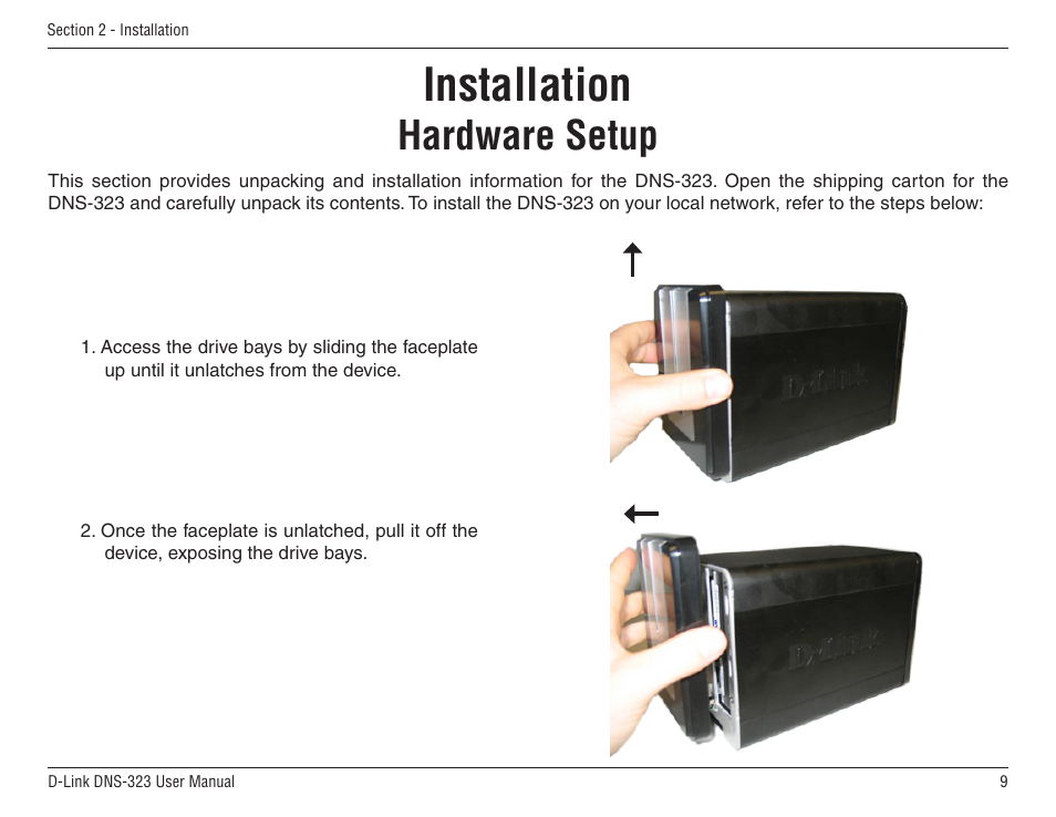 Installation, Hardware setup | D-Link DNS-33 User Manual | Page 9 / 85