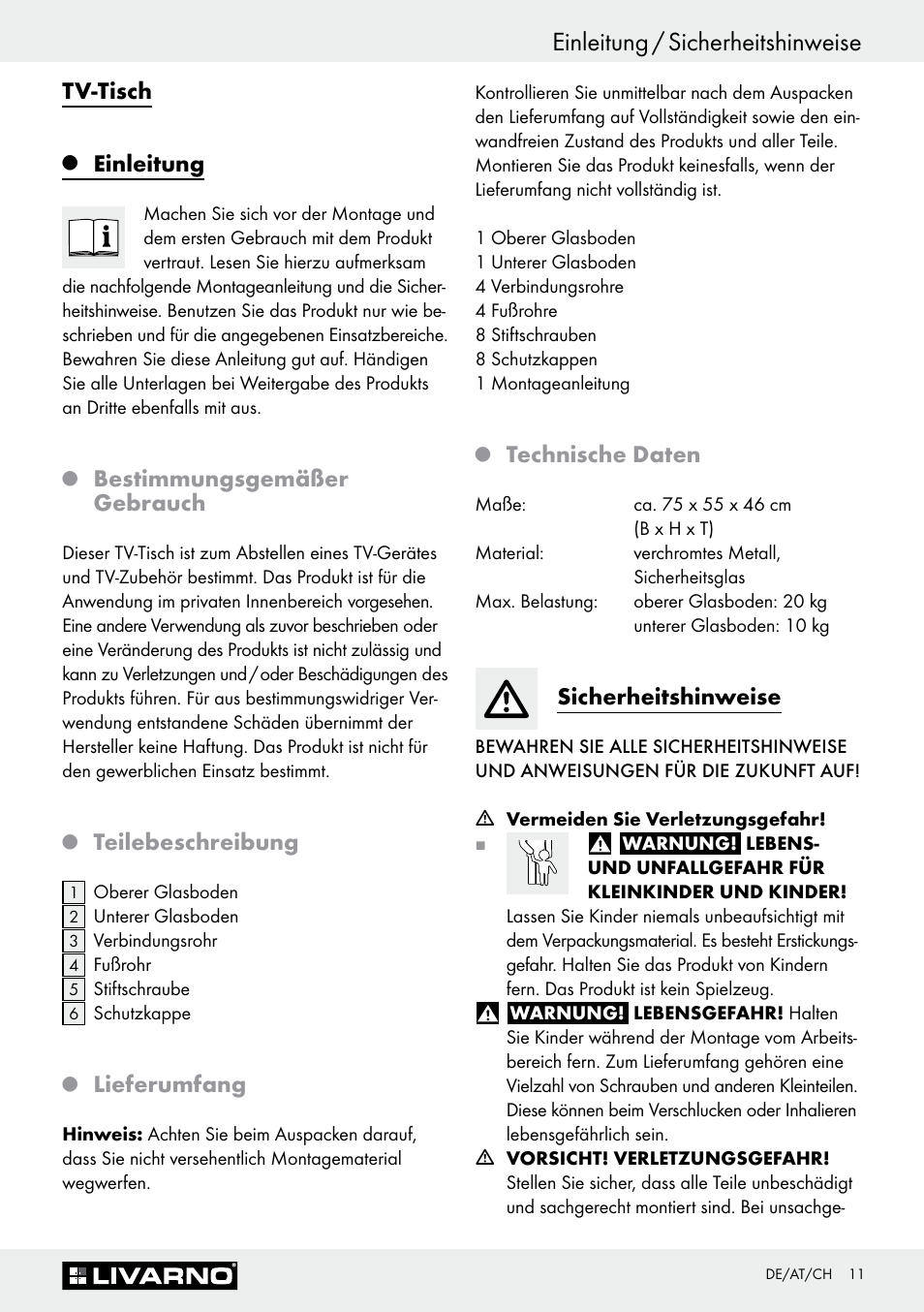 Einleitung / sicherheitshinweise, Tv-tisch, Einleitung | Bestimmungsgemäßer gebrauch, Teilebeschreibung, Lieferumfang, Technische daten, Sicherheitshinweise | Livarno Z30368 User Manual | Page 11 / 15