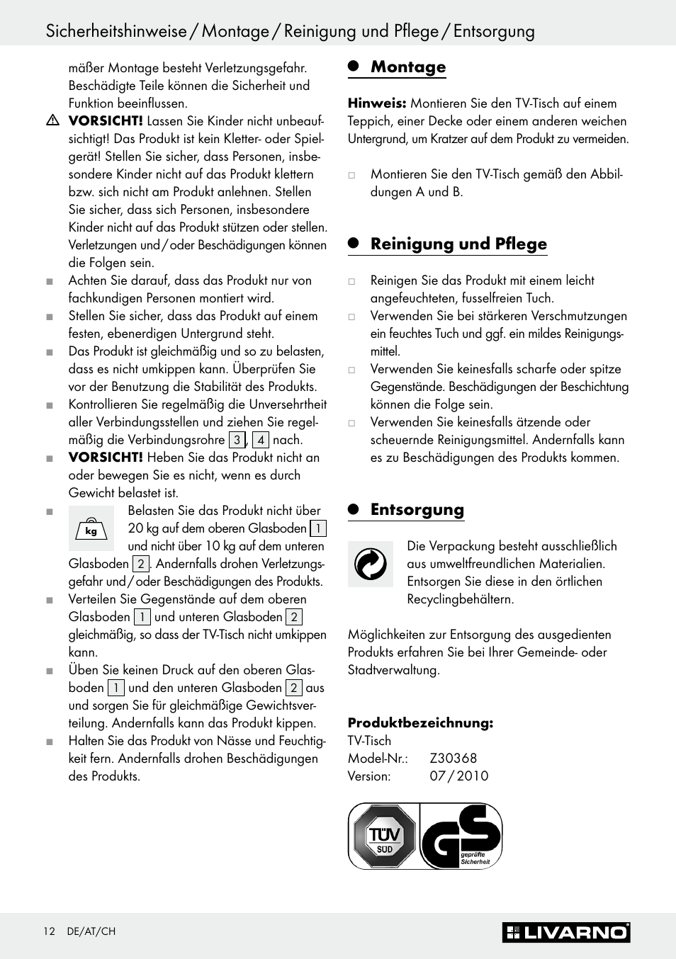Montage, Reinigung und pflege, Entsorgung | Livarno Z30368 User Manual | Page 12 / 15