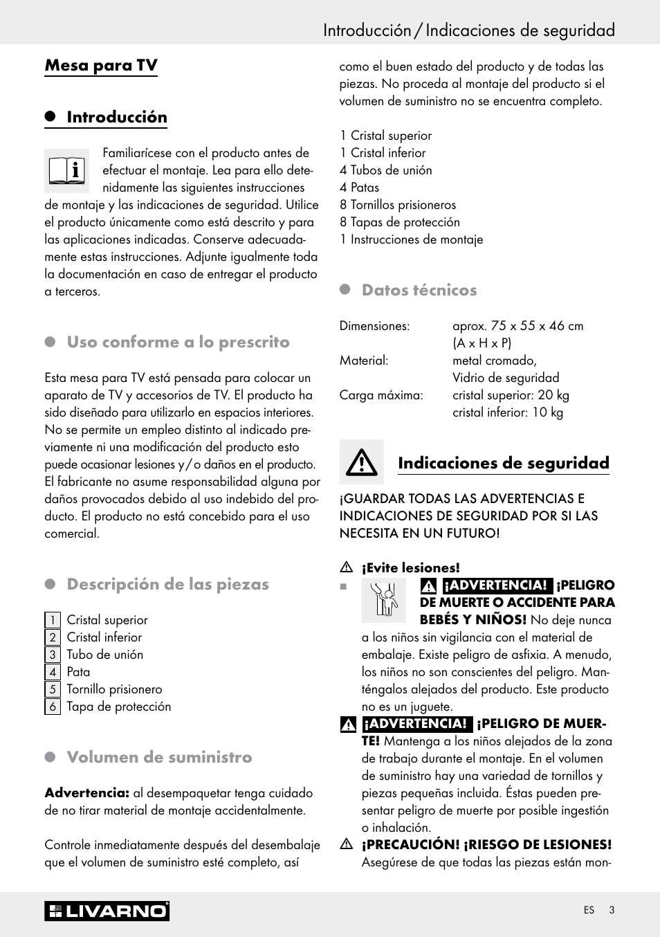 Introducción / indicaciones de seguridad, Mesa para tv, Introducción | Uso conforme a lo prescrito, Descripción de las piezas, Volumen de suministro, Datos técnicos, Indicaciones de seguridad | Livarno Z30368 User Manual | Page 3 / 15