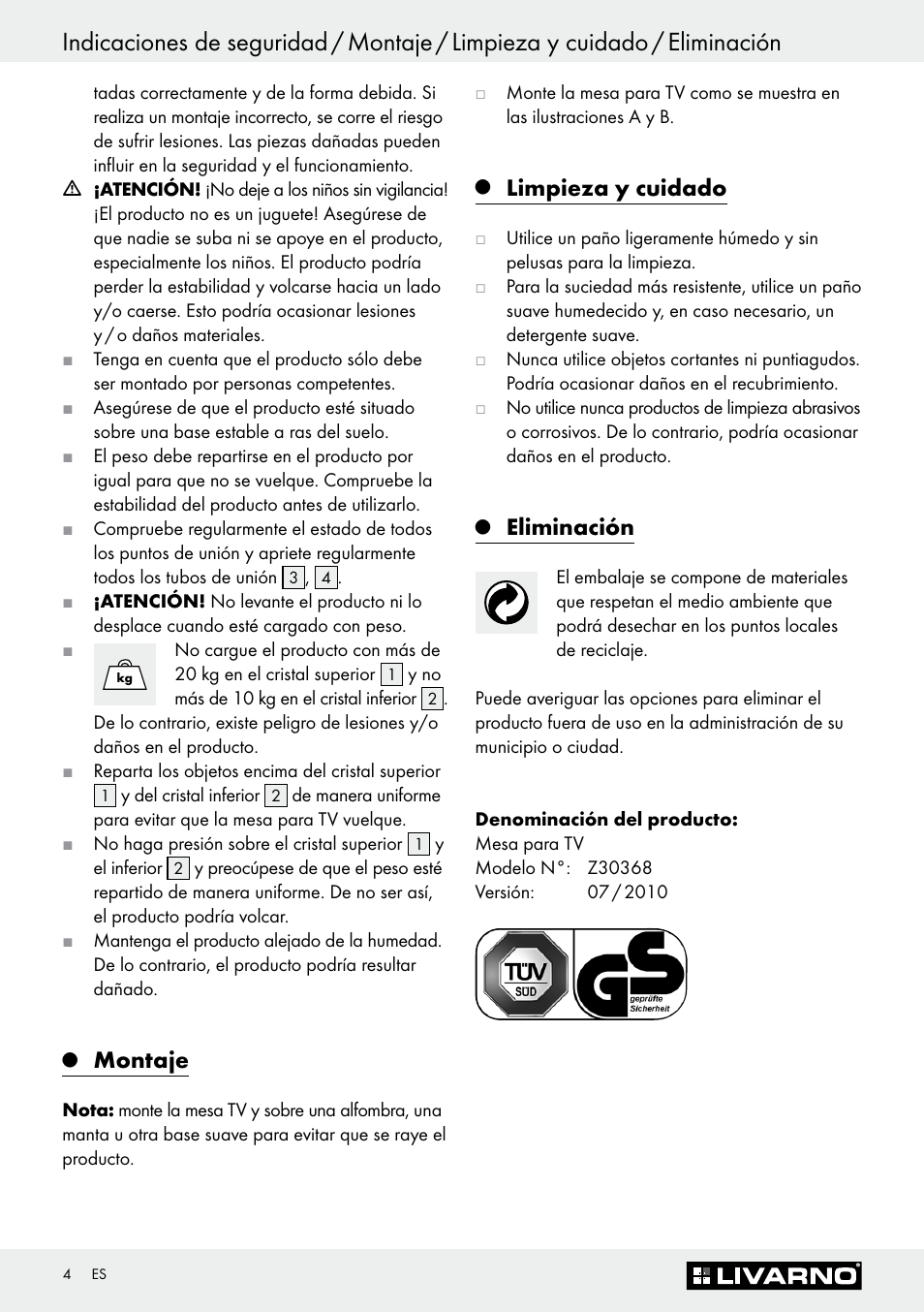 Montaje, Limpieza y cuidado, Eliminación | Livarno Z30368 User Manual | Page 4 / 15