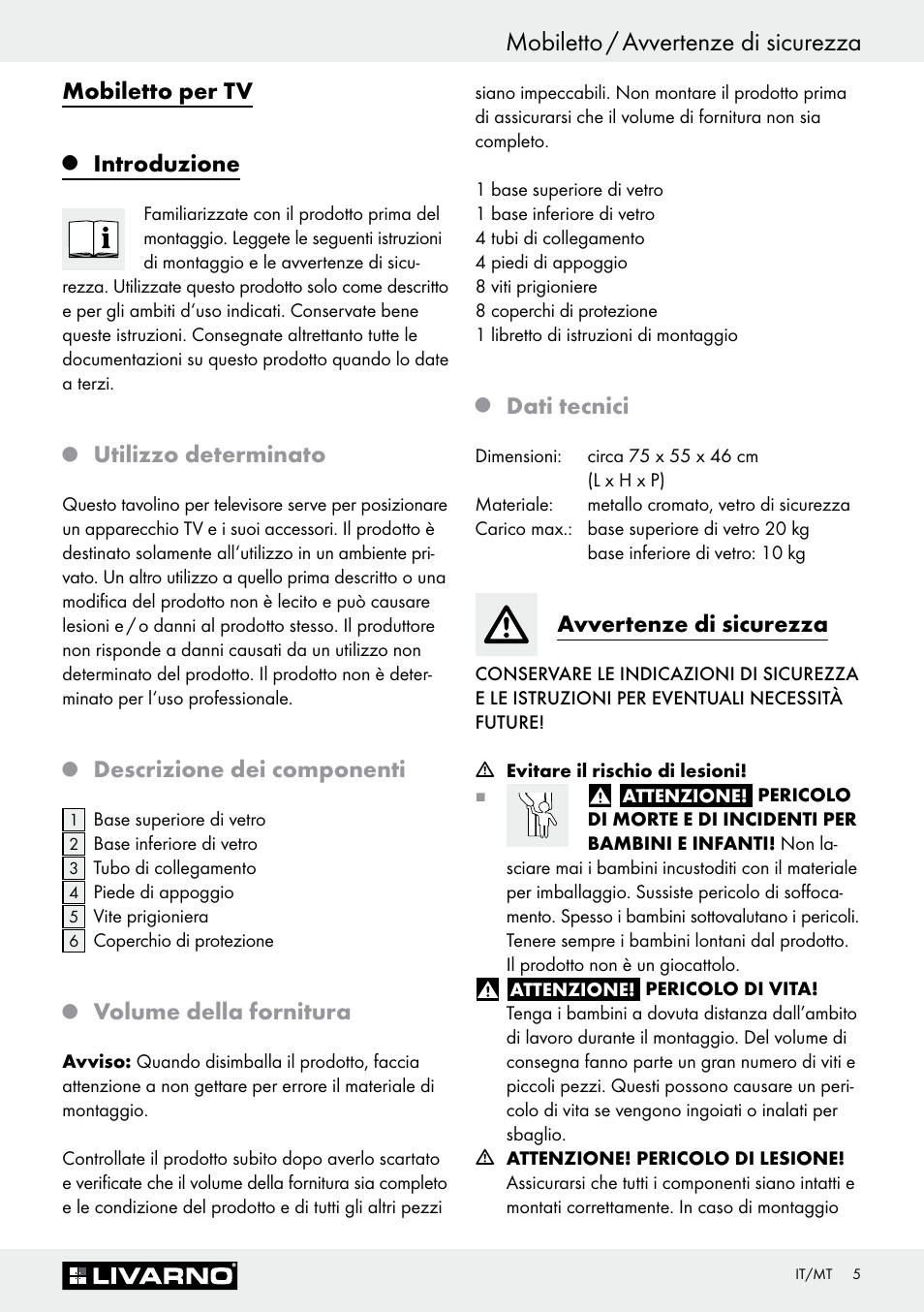 Mobiletto / avvertenze di sicurezza, Mobiletto per tv, Introduzione | Utilizzo determinato, Descrizione dei componenti, Volume della fornitura, Dati tecnici, Avvertenze di sicurezza | Livarno Z30368 User Manual | Page 5 / 15