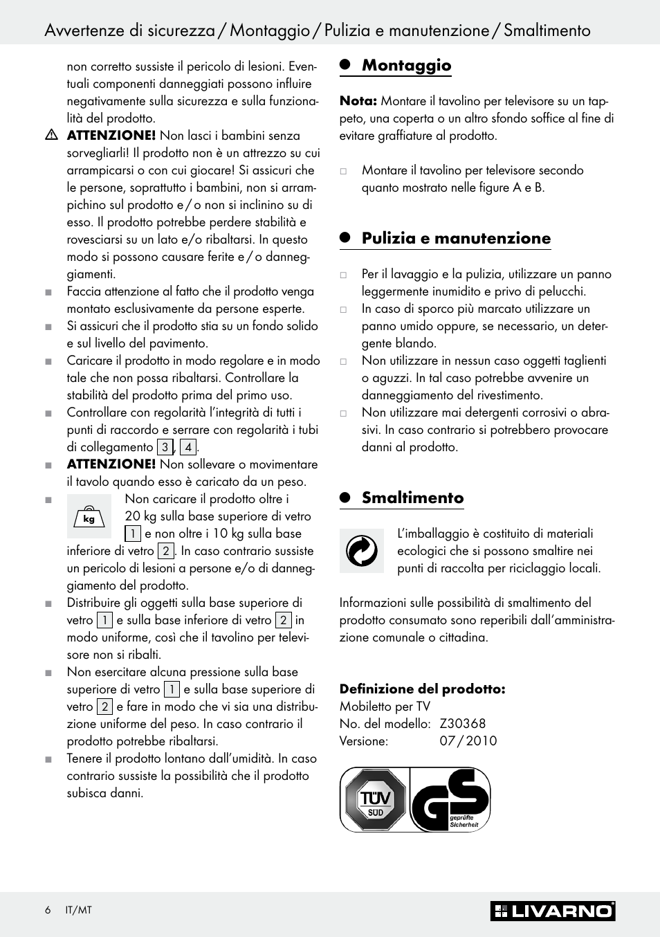 Montaggio, Pulizia e manutenzione, Smaltimento | Livarno Z30368 User Manual | Page 6 / 15