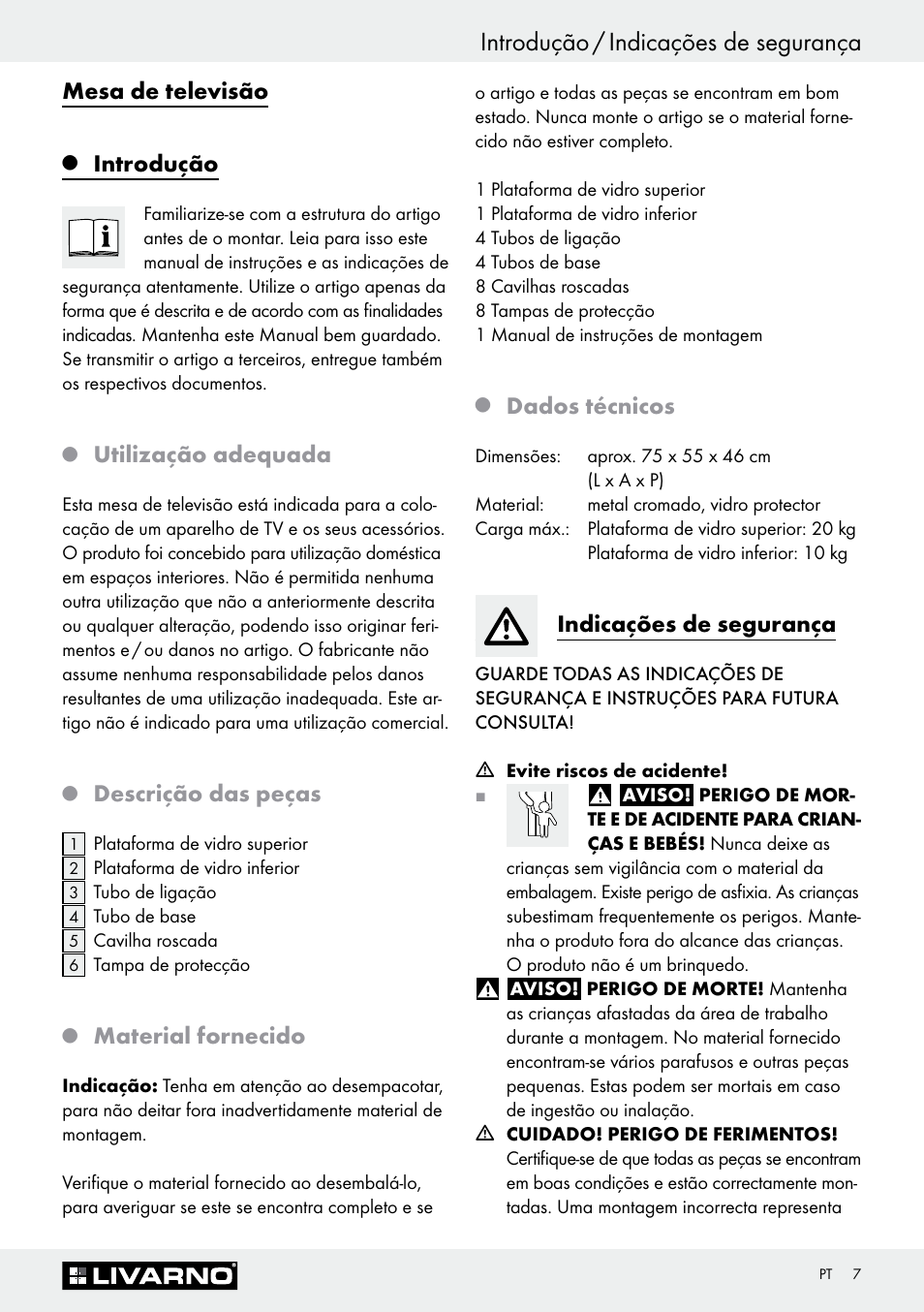 Introdução / indicações de segurança, Mesa de televisão, Introdução | Utilização adequada, Descrição das peças, Material fornecido, Dados técnicos, Indicações de segurança | Livarno Z30368 User Manual | Page 7 / 15