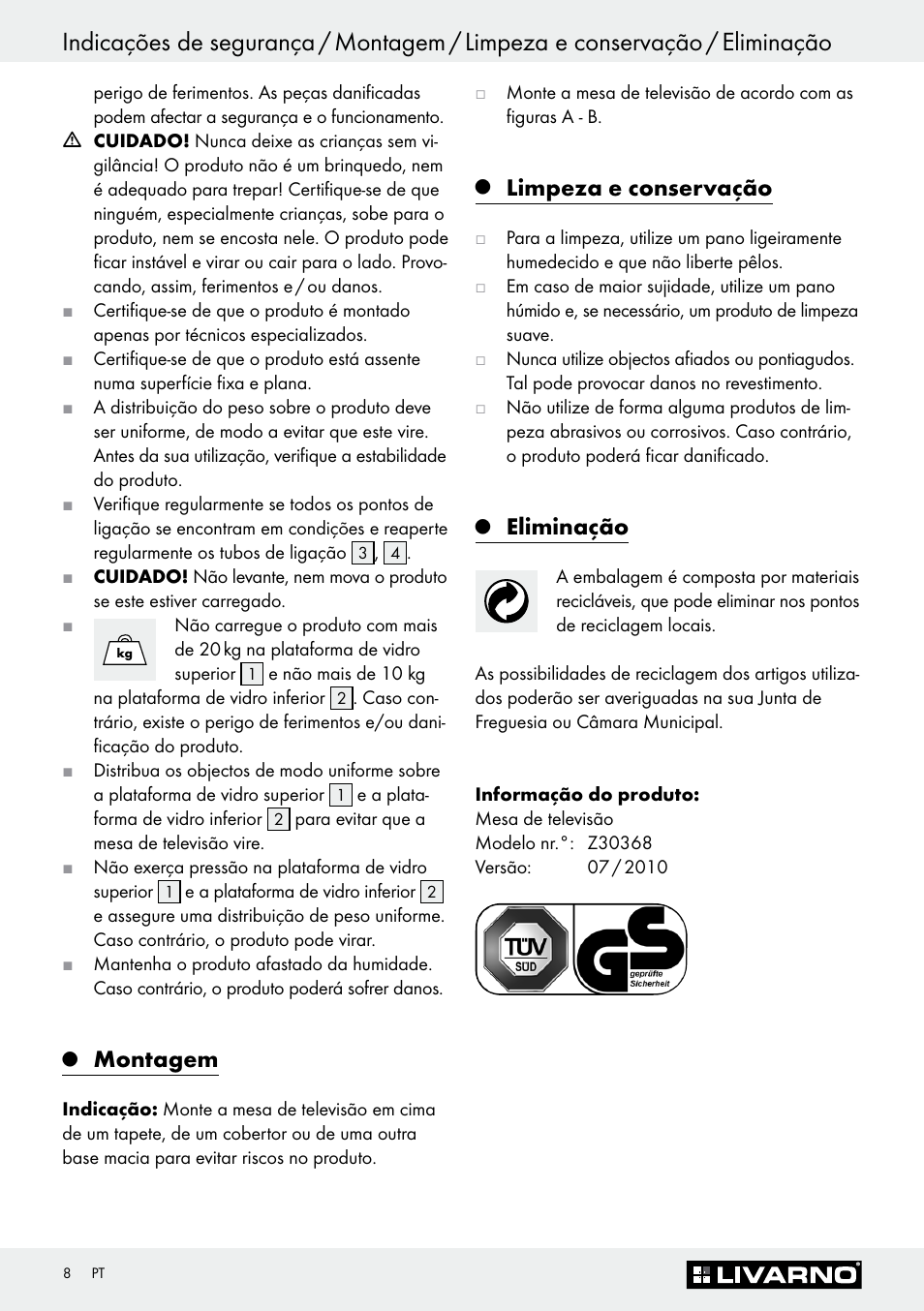 Montagem, Limpeza e conservação, Eliminação | Livarno Z30368 User Manual | Page 8 / 15