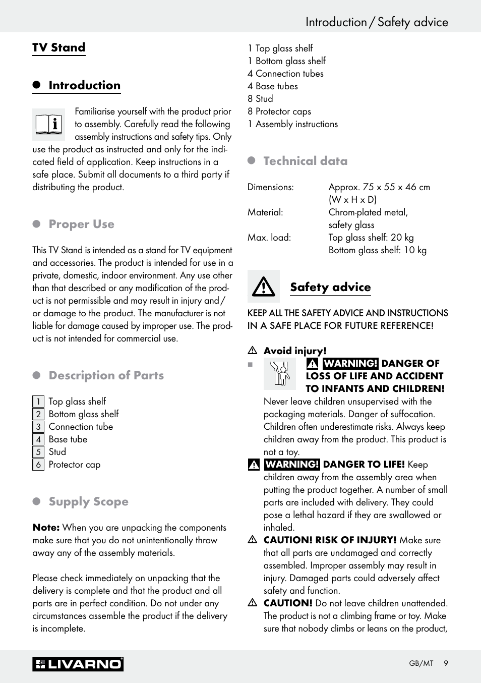 Introduction / safety advice, Tv stand, Introduction | Proper use, Description of parts, Supply scope, Technical data, Safety advice | Livarno Z30368 User Manual | Page 9 / 15