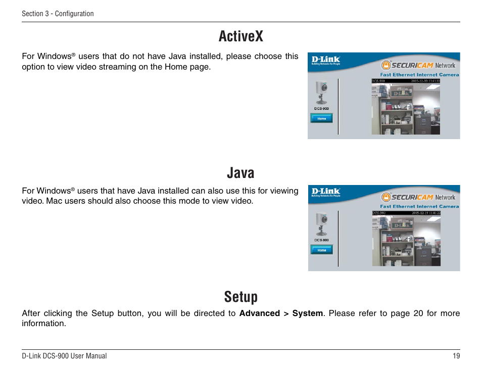 Activex java setup | D-Link DCS-900 User Manual | Page 19 / 76