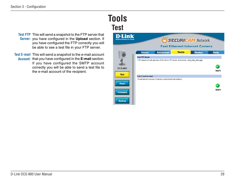 Tools, Test | D-Link DCS-900 User Manual | Page 29 / 76