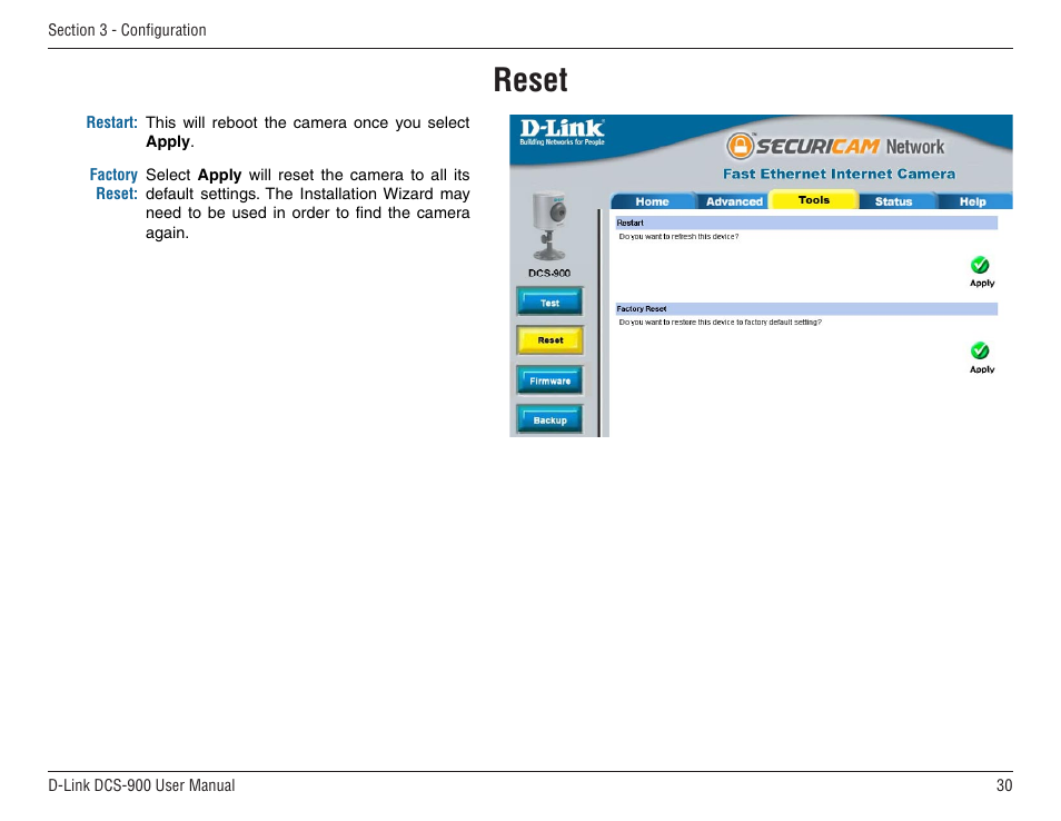 Reset | D-Link DCS-900 User Manual | Page 30 / 76