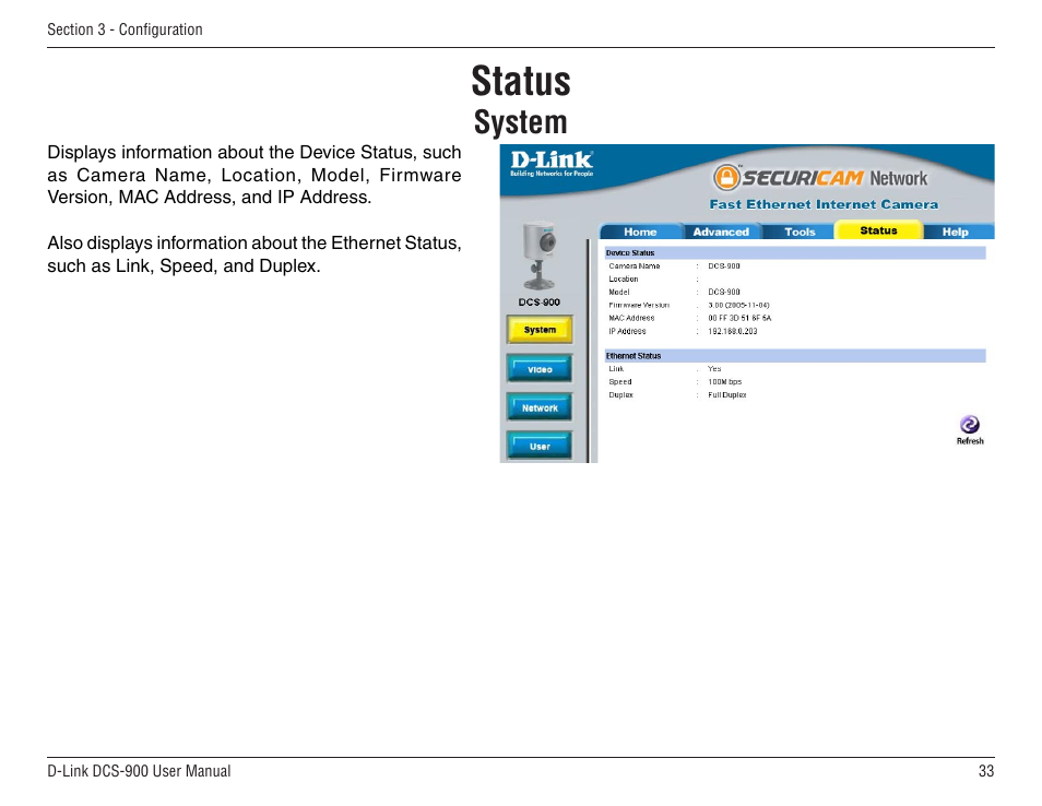 Status, System | D-Link DCS-900 User Manual | Page 33 / 76