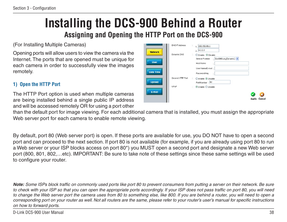 Installing the dcs-900 behind a router, Assigning and opening the http port | D-Link DCS-900 User Manual | Page 38 / 76