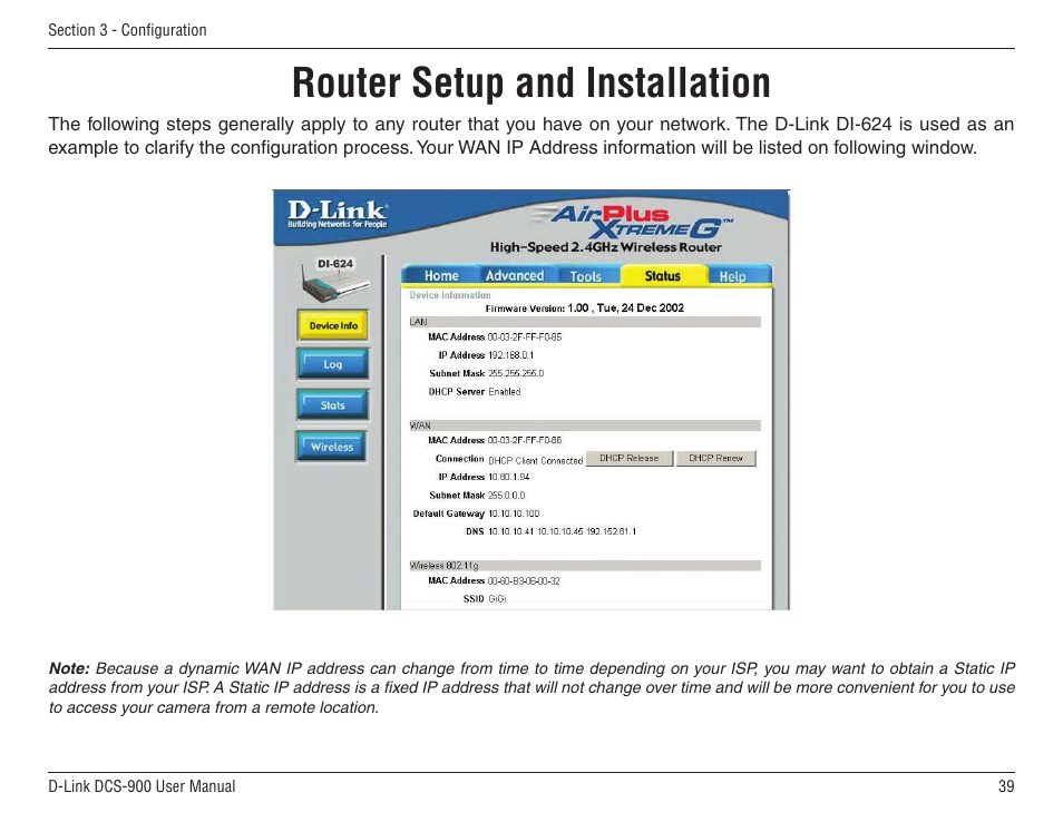 Router setup and installation | D-Link DCS-900 User Manual | Page 39 / 76