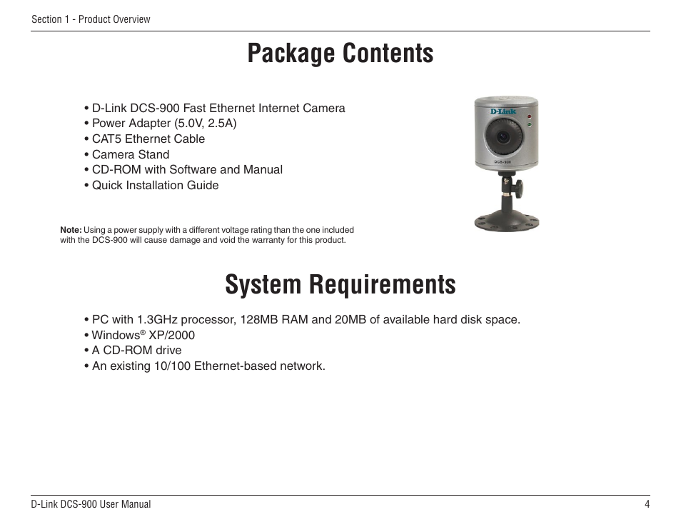 Product overview, Package contents system requirements, System requirements | Package contents | D-Link DCS-900 User Manual | Page 4 / 76