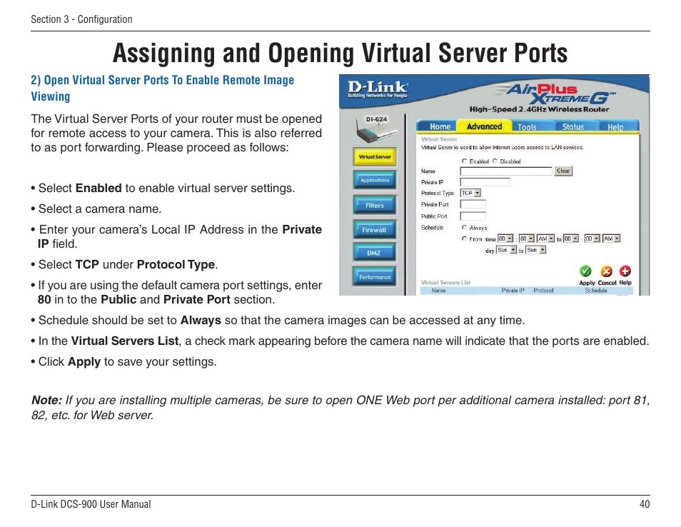 Assigning and opening virtual server ports | D-Link DCS-900 User Manual | Page 40 / 76