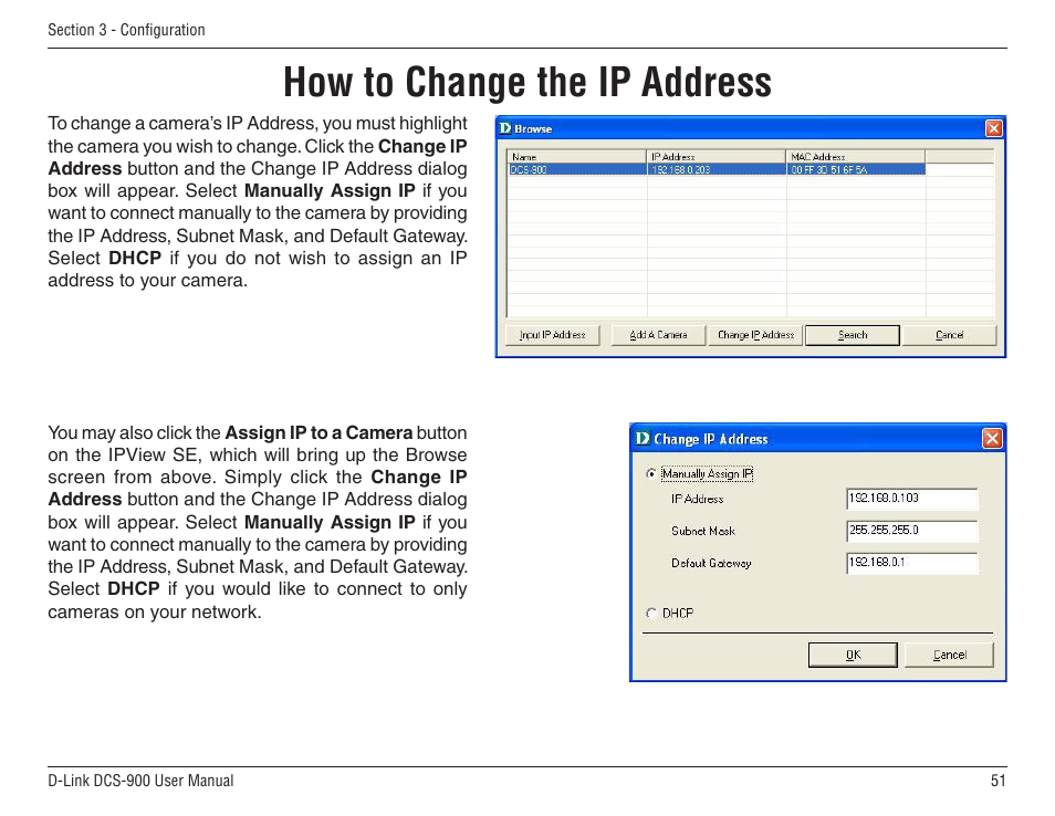 How to change the ip address | D-Link DCS-900 User Manual | Page 51 / 76