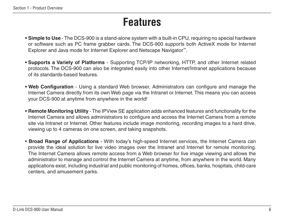 Features | D-Link DCS-900 User Manual | Page 6 / 76