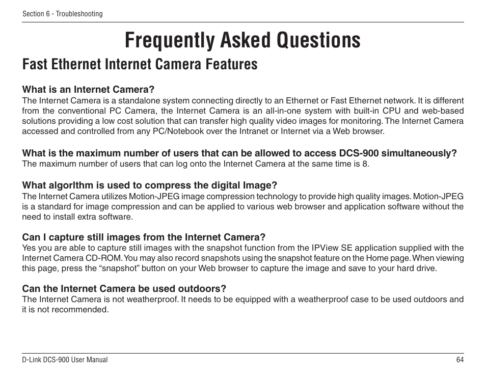 Frequently asked questions, Fast ethernet internet camera features | D-Link DCS-900 User Manual | Page 64 / 76