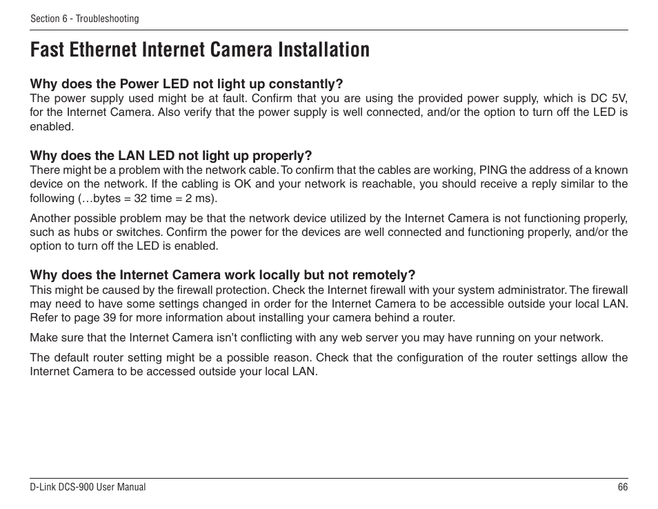 Fast ethernet internet camera installation | D-Link DCS-900 User Manual | Page 66 / 76