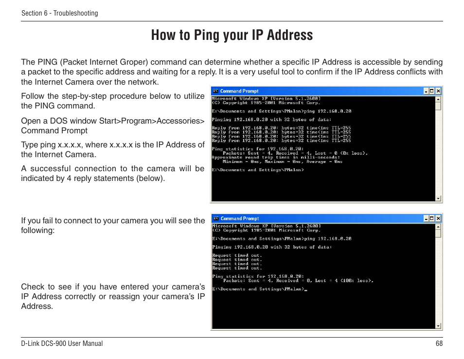 How to ping your ip address | D-Link DCS-900 User Manual | Page 68 / 76