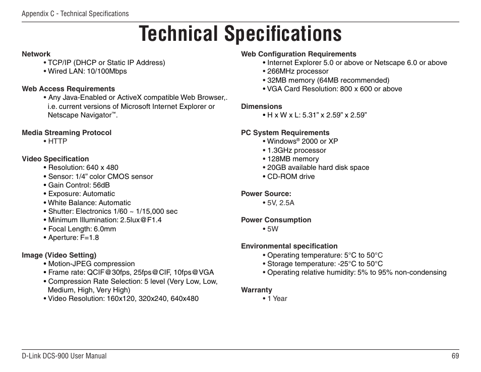 Technical speciﬁcations | D-Link DCS-900 User Manual | Page 69 / 76