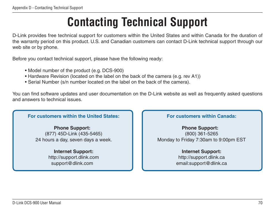 Contacting technical support | D-Link DCS-900 User Manual | Page 70 / 76