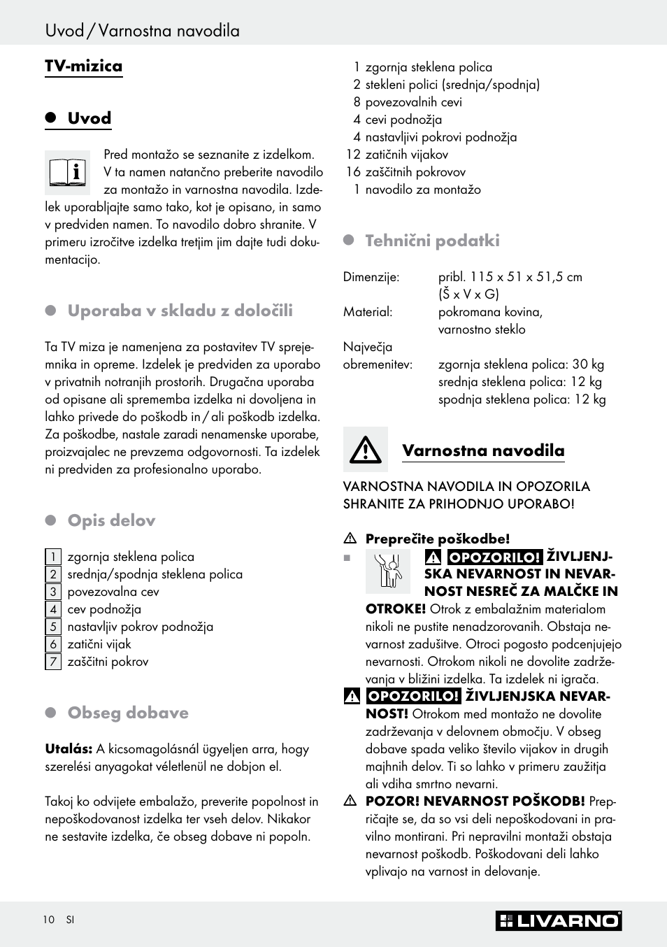 Uvod / varnostna navodila, Tv-mizica, Uvod | Uporaba v skladu z določili, Opis delov, Obseg dobave, Tehnični podatki, Varnostna navodila | Livarno Z30369 User Manual | Page 10 / 20