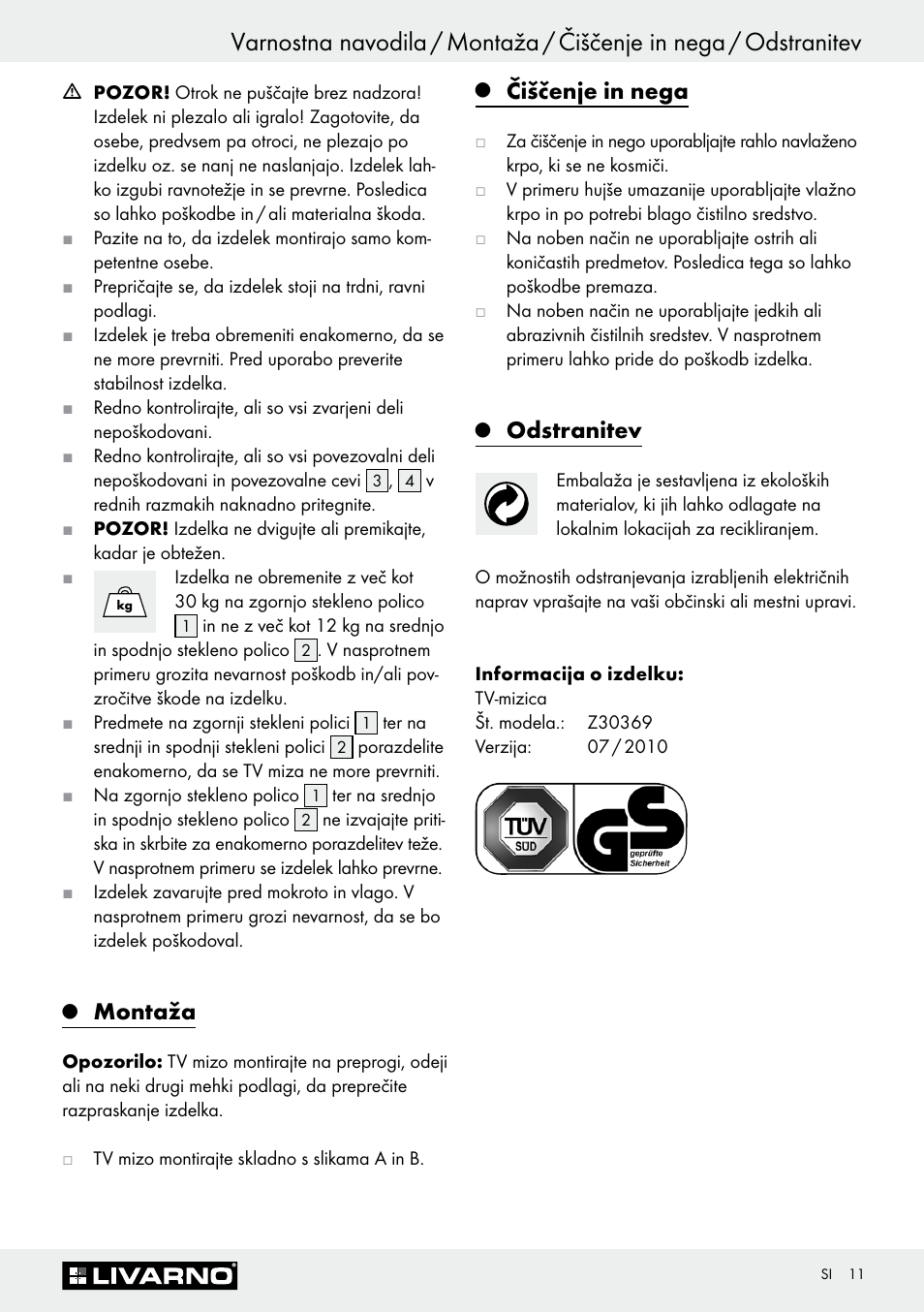 Montaža, Čiščenje in nega, Odstranitev | Livarno Z30369 User Manual | Page 11 / 20