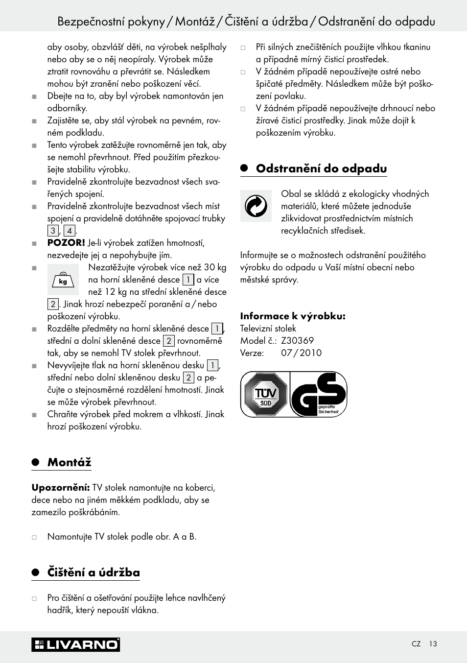 Montáž, Čištění a údržba, Odstranění do odpadu | Livarno Z30369 User Manual | Page 13 / 20
