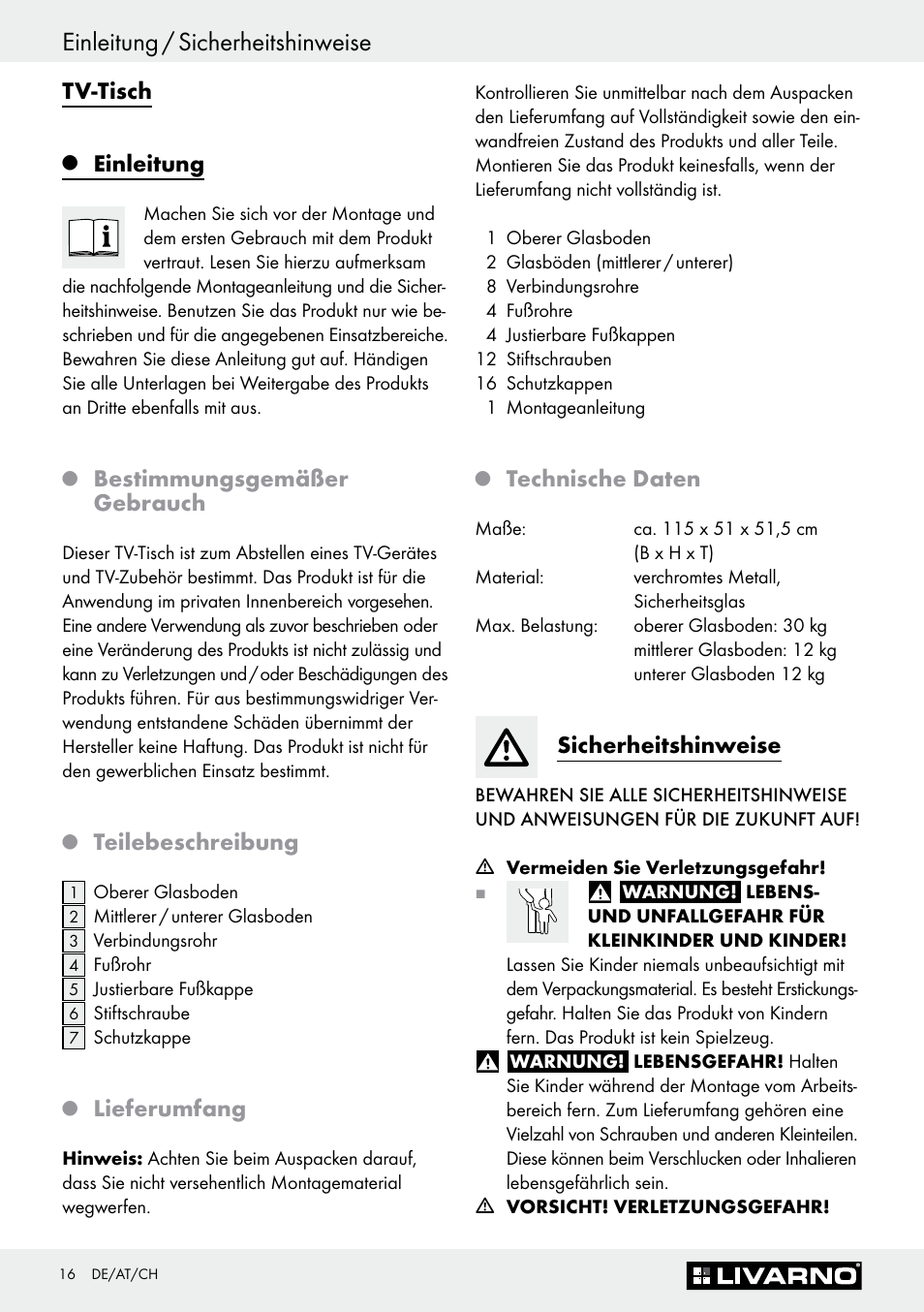 Einleitung / sicherheitshinweise, Tv-tisch, Einleitung | Bestimmungsgemäßer gebrauch, Teilebeschreibung, Lieferumfang, Technische daten, Sicherheitshinweise | Livarno Z30369 User Manual | Page 16 / 20