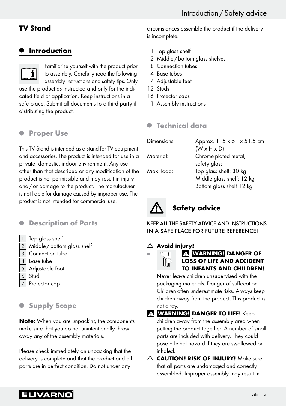 Introduction / safety advice, Tv stand, Introduction | Proper use, Description of parts, Supply scope, Technical data, Safety advice | Livarno Z30369 User Manual | Page 3 / 20