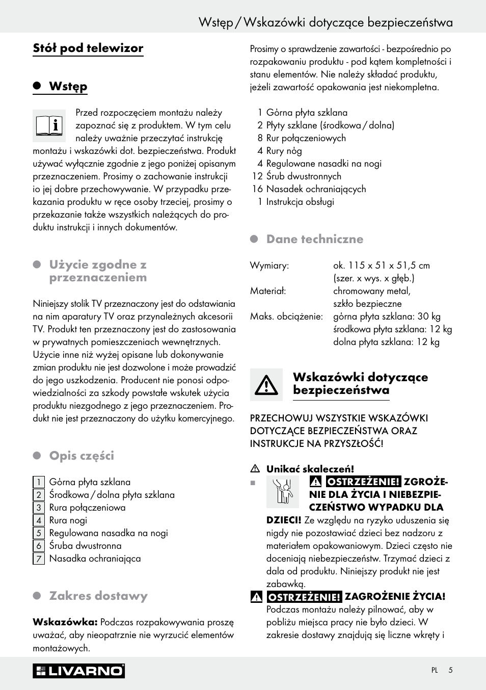 Wstęp / wskazówki dotyczące bezpieczeństwa, Stół pod telewizor, Wstęp | Użycie zgodne z przeznaczeniem, Opis części, Zakres dostawy, Dane techniczne, Wskazówki dotyczące bezpieczeństwa | Livarno Z30369 User Manual | Page 5 / 20