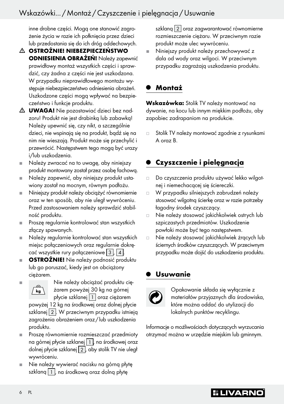 Montaż, Czyszczenie i pielęgnacja, Usuwanie | Livarno Z30369 User Manual | Page 6 / 20