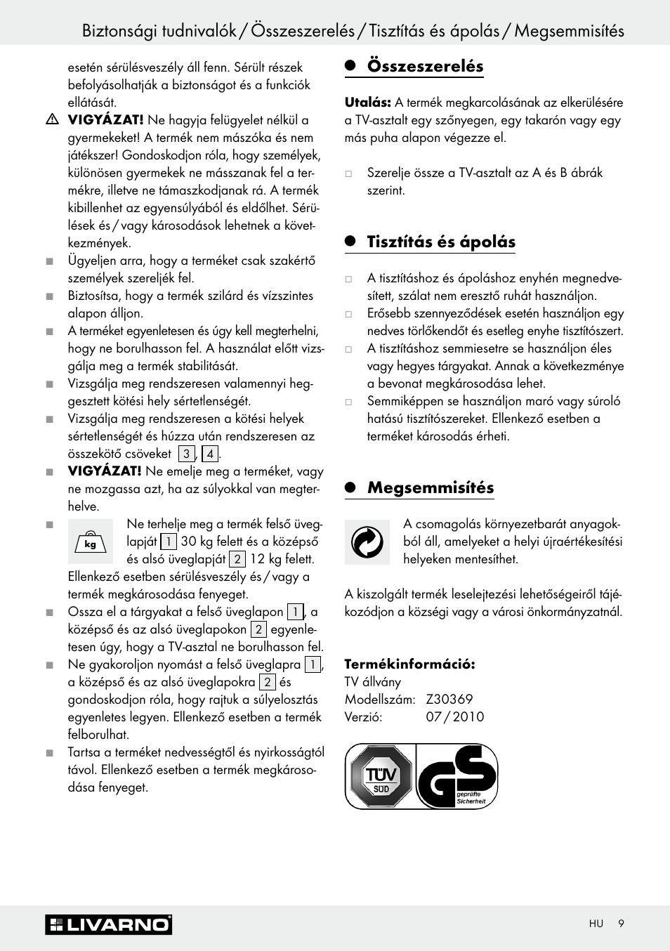 Összeszerelés, Tisztítás és ápolás, Megsemmisítés | Livarno Z30369 User Manual | Page 9 / 20
