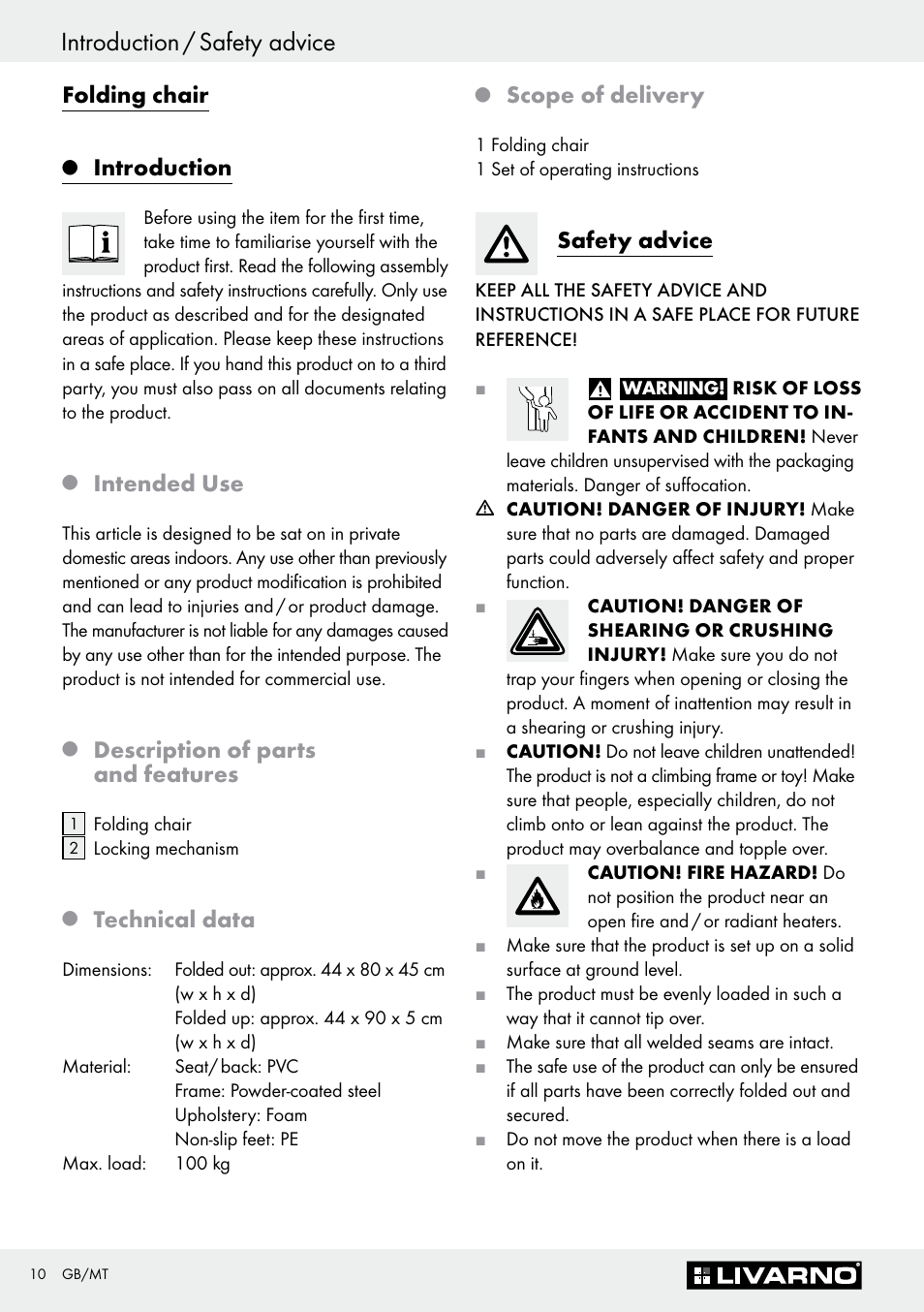 Introduction / safety advice, Folding chair, Introduction | Intended use, Description of parts and features, Technical data, Scope of delivery, Safety advice | Livarno Z30701A-BS/ Z30701B-BS/ Z30701C-BS User Manual | Page 10 / 14