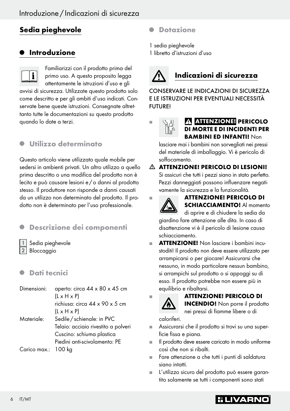 Sedia pieghevole, Introduzione, Utilizzo determinato | Descrizione dei componenti, Dati tecnici, Dotazione, Indicazioni di sicurezza | Livarno Z30701A-BS/ Z30701B-BS/ Z30701C-BS User Manual | Page 6 / 14