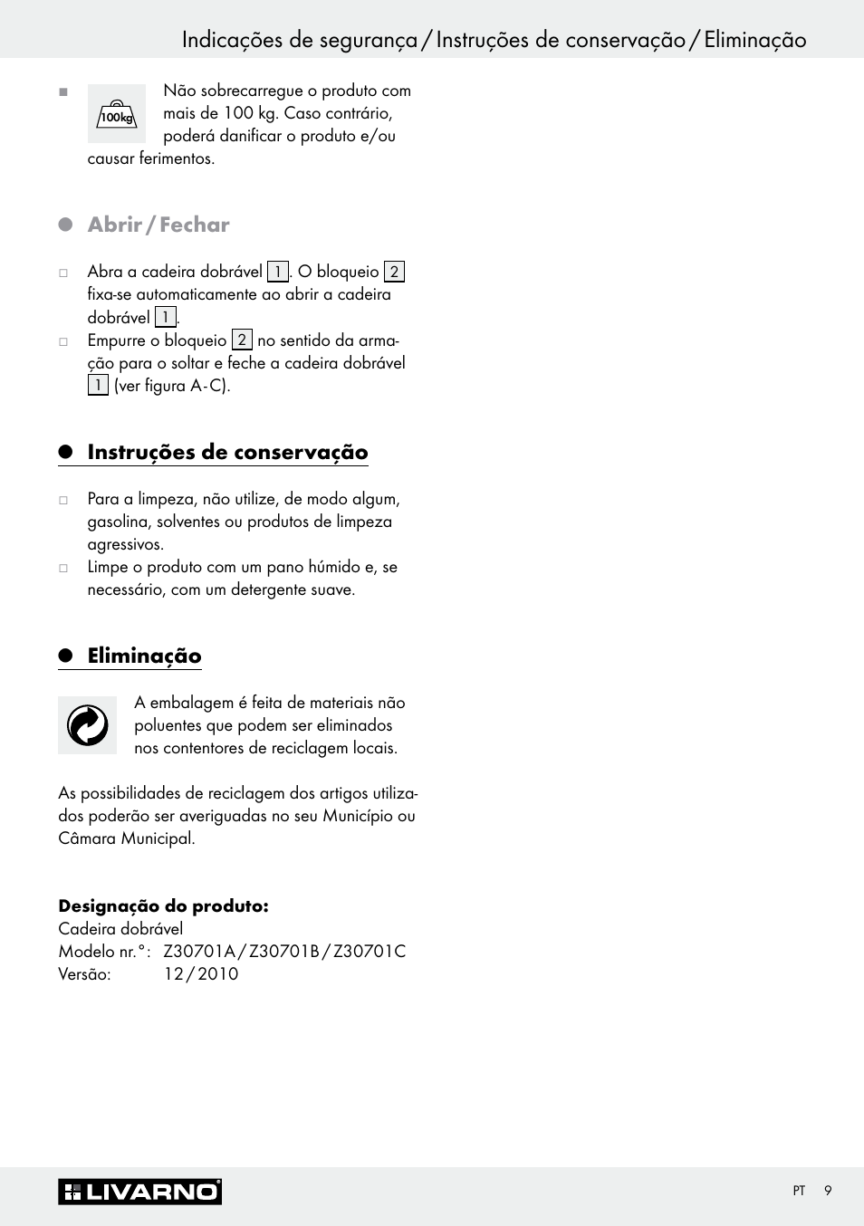 Abrir / fechar, Instruções de conservação, Eliminação | Livarno Z30701A-BS/ Z30701B-BS/ Z30701C-BS User Manual | Page 9 / 14