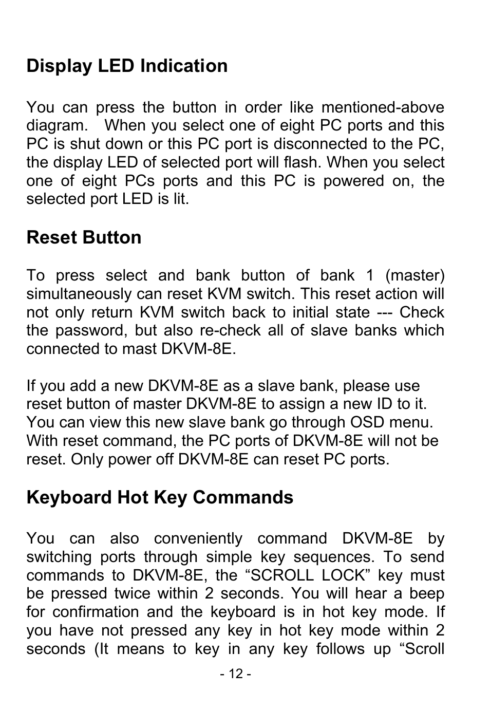 Display led indication, Reset button, Keyboard hot key commands | D-Link DKVM-8E User Manual | Page 14 / 30