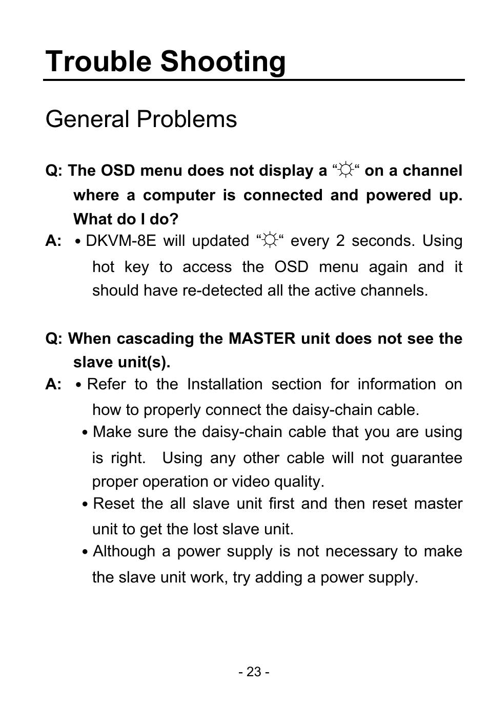 Trouble shooting, General problems | D-Link DKVM-8E User Manual | Page 25 / 30
